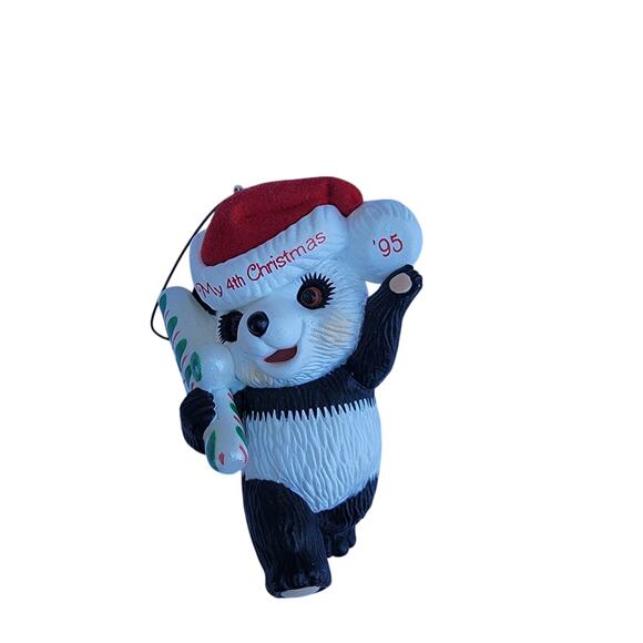 Vintage 1995 My 4th Christmas Panda Bear Ornament with Candy Cane - Picture 1 of 10